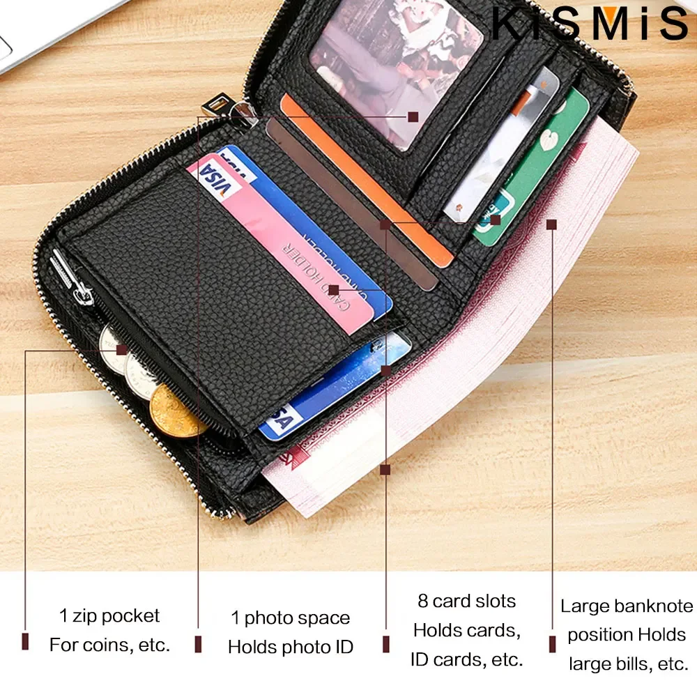 Slim Wallet Men Minimalist Card Holder PU Leather Thin Front Pocket Business Credit Card Holder Zipper Secure Travel Money Clip