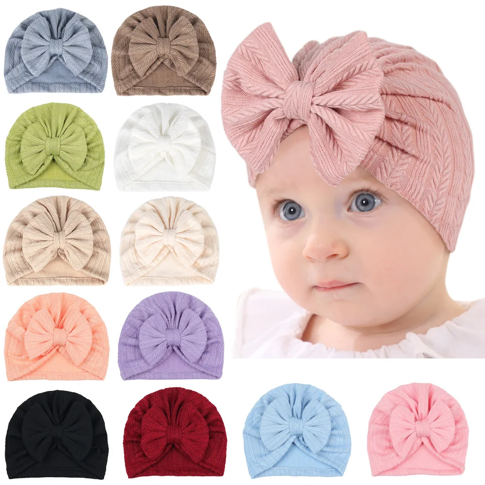 10pcs/Set Autumn&Winter 13 Solid Colors Newborn Baby Infants Hats Embroidered Wheat Ear Pattern Design With Bowknot Cap For Baby