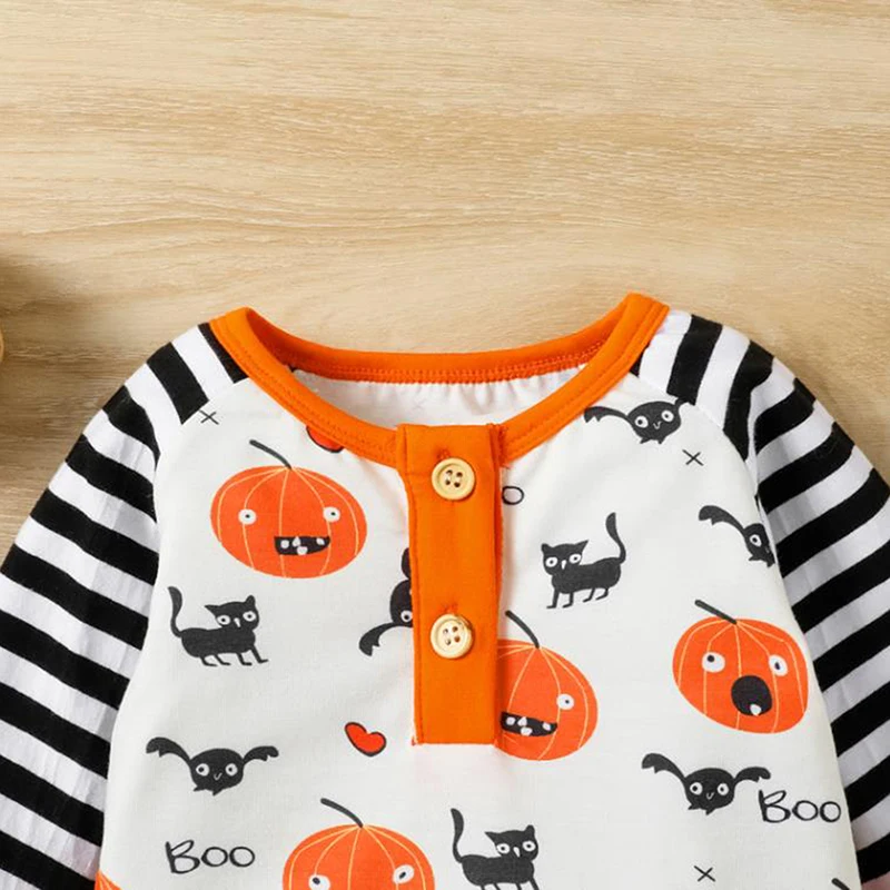 Baby Halloween Casual Jumpsuit Long Sleeve O Neck Black Cat Pumpkin Print Romper with Hat