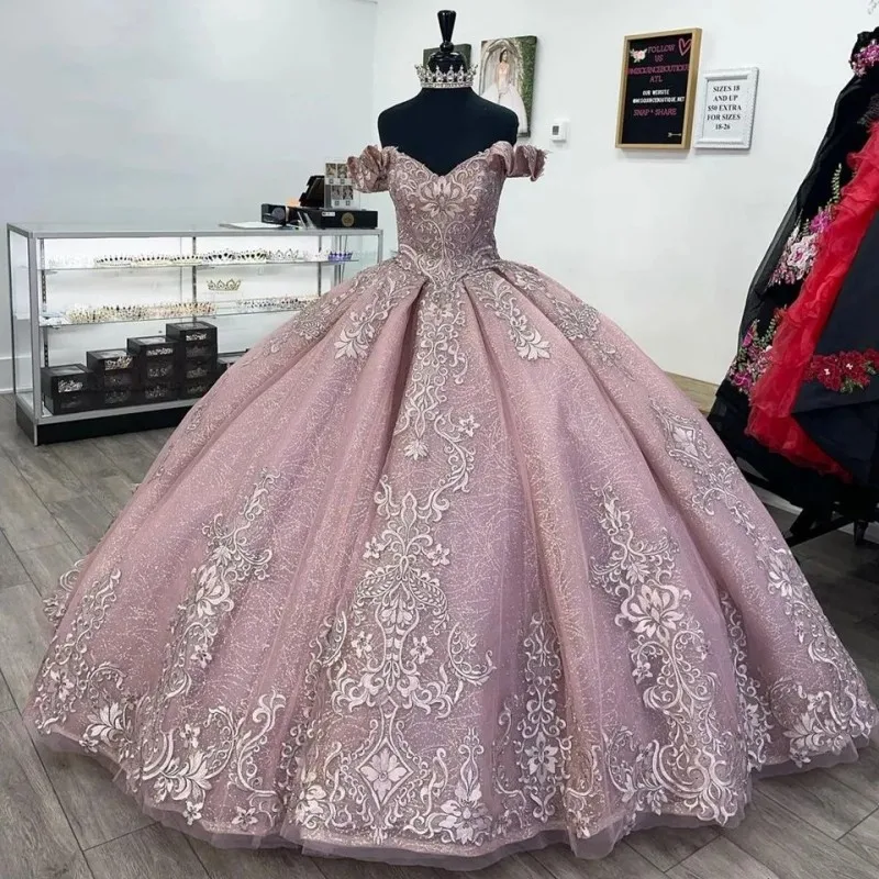 

Pink Off The Shoulder Quinceanera Dresses Princess Prom Gown Tulle Appliques Lace Sweet 15 Dress Elegent Balll Gwon 16 Vestidos