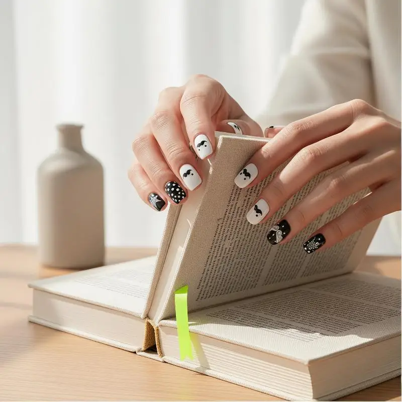 Ongles carrés courts contrastants 10/30 pièces noir et blanc, prêts à poser pour la maison, le salon, les femmes, le nail art DIY