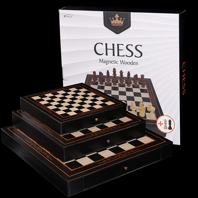 New Desktop Chessboard Wooden With Drawers Puzzle Chess Game Double Queen