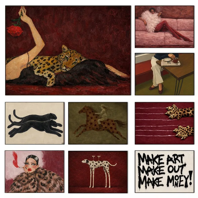 Trendy 60s Fashion Woman with Leopard Cowgirl Martini Dog Aesthetic Poster Canvas Painting Wall Art Pictures Home Decor