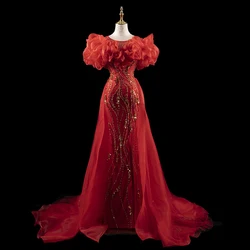 Luxury Red Wedding Dress Pleated Flower Design Handmade Golden Beaded With Detachable Train Elegant Chic Evening Dresses H1831