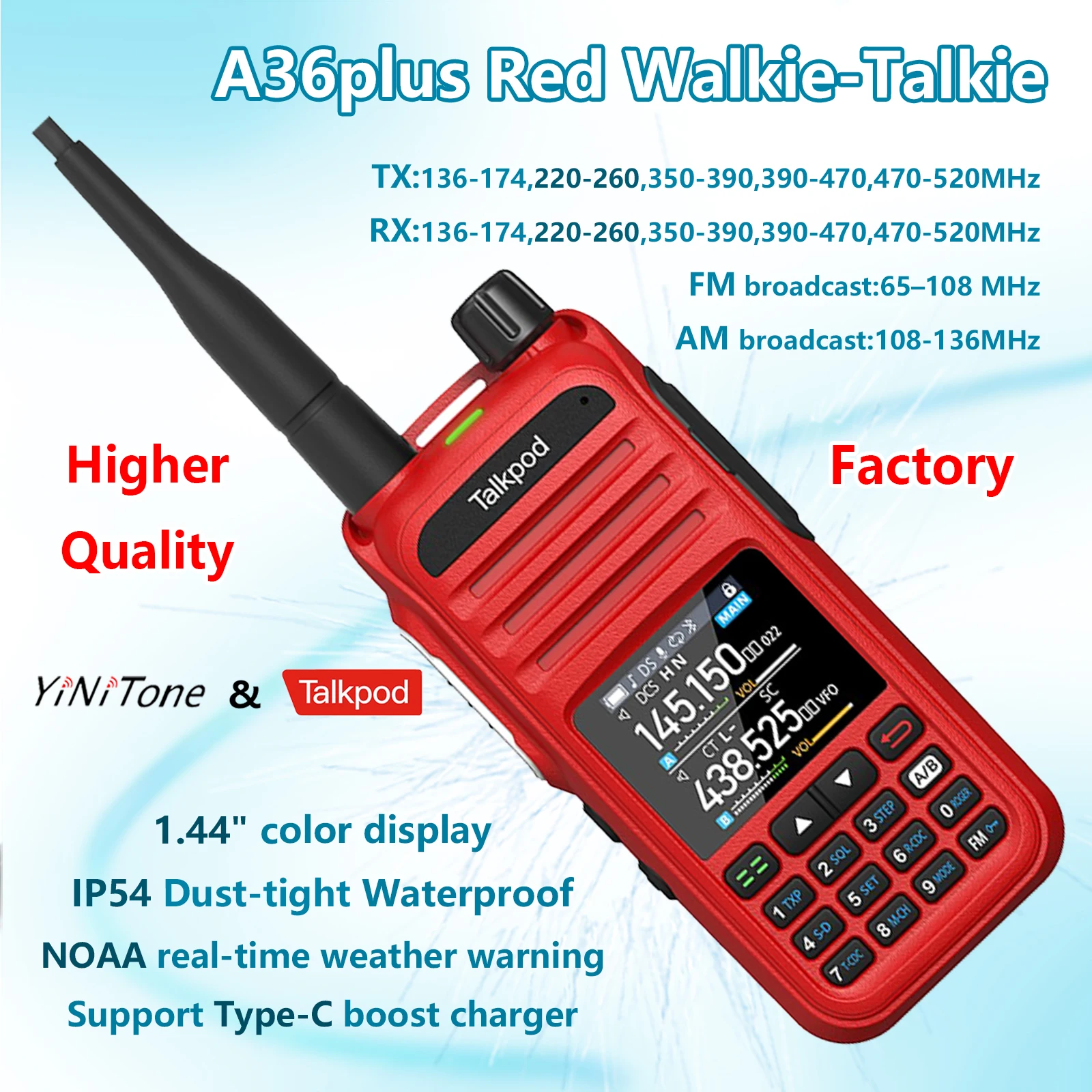 

A36plus Transceivers UHF/VHF/AM/FM Multi-Band Portable Multi-Function with Color Display Type-C Waterproof Two Way Radio red