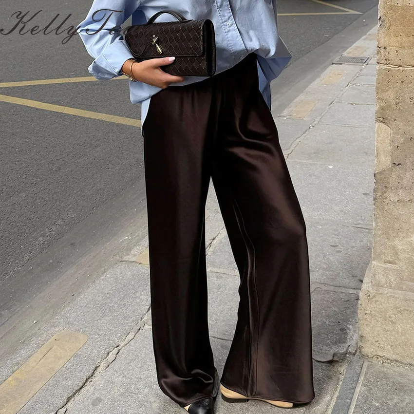 Satin-Weite-Hose für Damen, Frühling/Sommer, modisch, hohe Taille, elegant, braun, gerade geschnitten, Street-Chic, lange Hose, Damen 2026