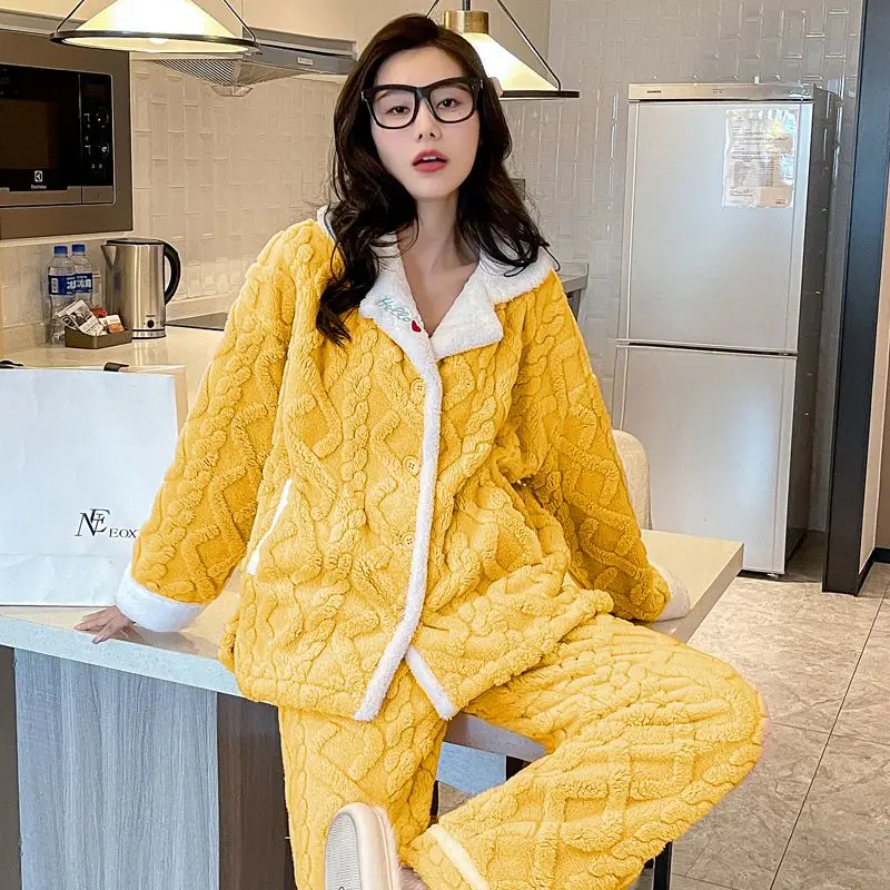 Coral Fleece Pajama Sets Women Winter Thick Plus Velvet Warm Sleepwear Panelled Cozy Home Fashion Korean Style Pijama Mujer Chic