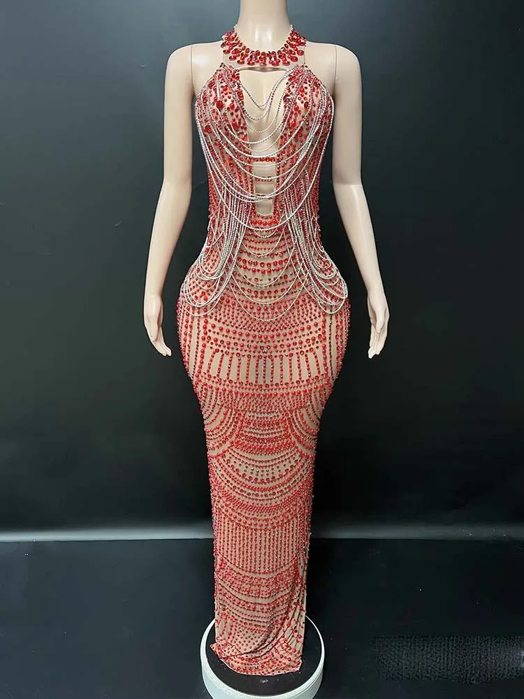 ชุดเดรสยางยืดแบบโปร่งลายลูกปัดคุณภาพสูง ดีไซน์เซ็กซี่แบบคล้องคอ ประดับพู่ห้อย แฟชั่นใหม่ปี 2025 เสื้อผ้าผู้หญิงสั่งตัดได้