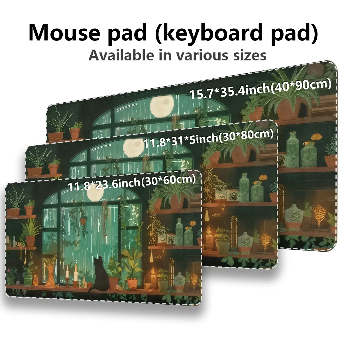 Rainy Night Black Cat Window Plants Extended Gaming Mouse Pad Durable Non-Slip Rubber Desk Mat