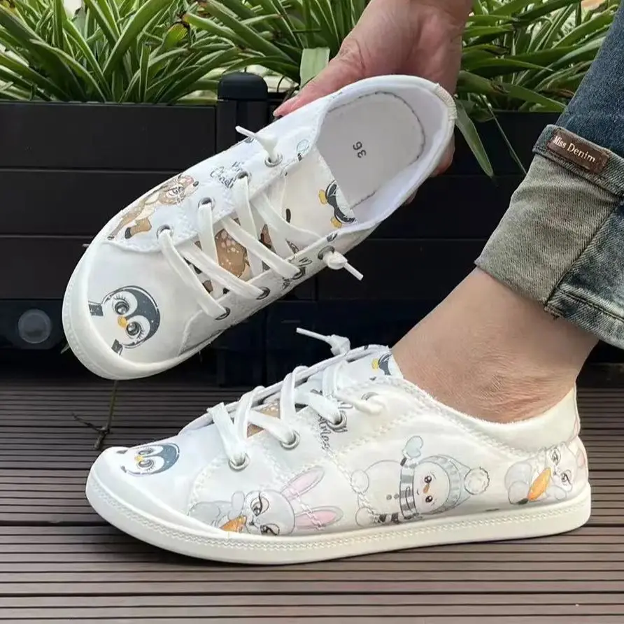 

Женская весенне-осенняя новая модная тканевая обувь с милым животным, пингвином, кроликом и снеговиком, сезонная студенческая обувь без шнуровки в студенческом стиле, удобная неглубокая мягкая подошва с низким верхом, легкая дышащая женская обувь большого