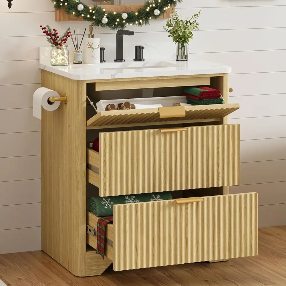 

30-дюймовая тумба для ванной комнаты с керамической раковиной, отдельно стоящая тумба под раковину с отделением под дерево и 3 ящиками для хранения (2 стандартных + 1 откидной)