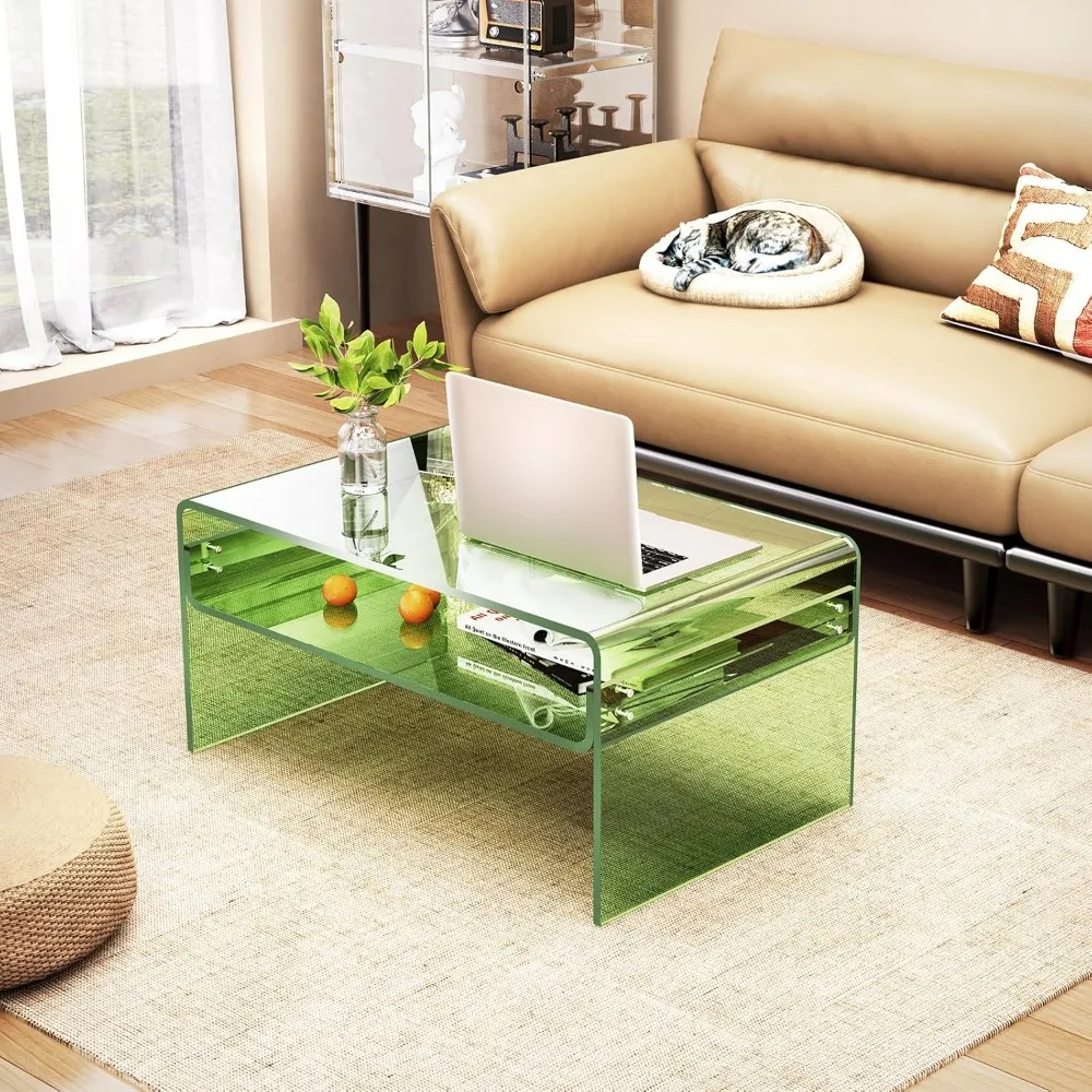 Acrylic Coffee Table Living Room Clear Rectangle Lucite Table with Open Storage Shelf Suitable contemporary home decor styles