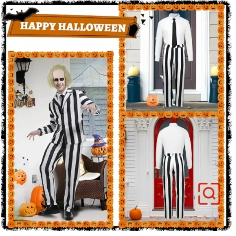 Anime Cosplay Beetle Juicee Men Black and White Striped Suit Scary Halloween Costumes Wig Tie Shirt for Cosplay Party 0010