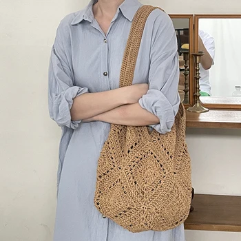 여성용 빨대 직조 버킷 백, 등나무, 여름 해변 숄더백, 토트 캐주얼 핸드백, 레트로 소형 숄더백