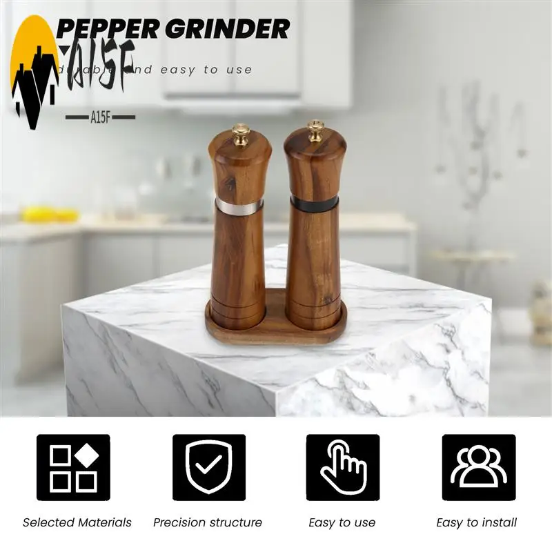 

A15F-Salt And Pepper Grinder Set,Wooden Salt And Pepper Mill Shaker Easy Adjustable Coarseness Large Refillable