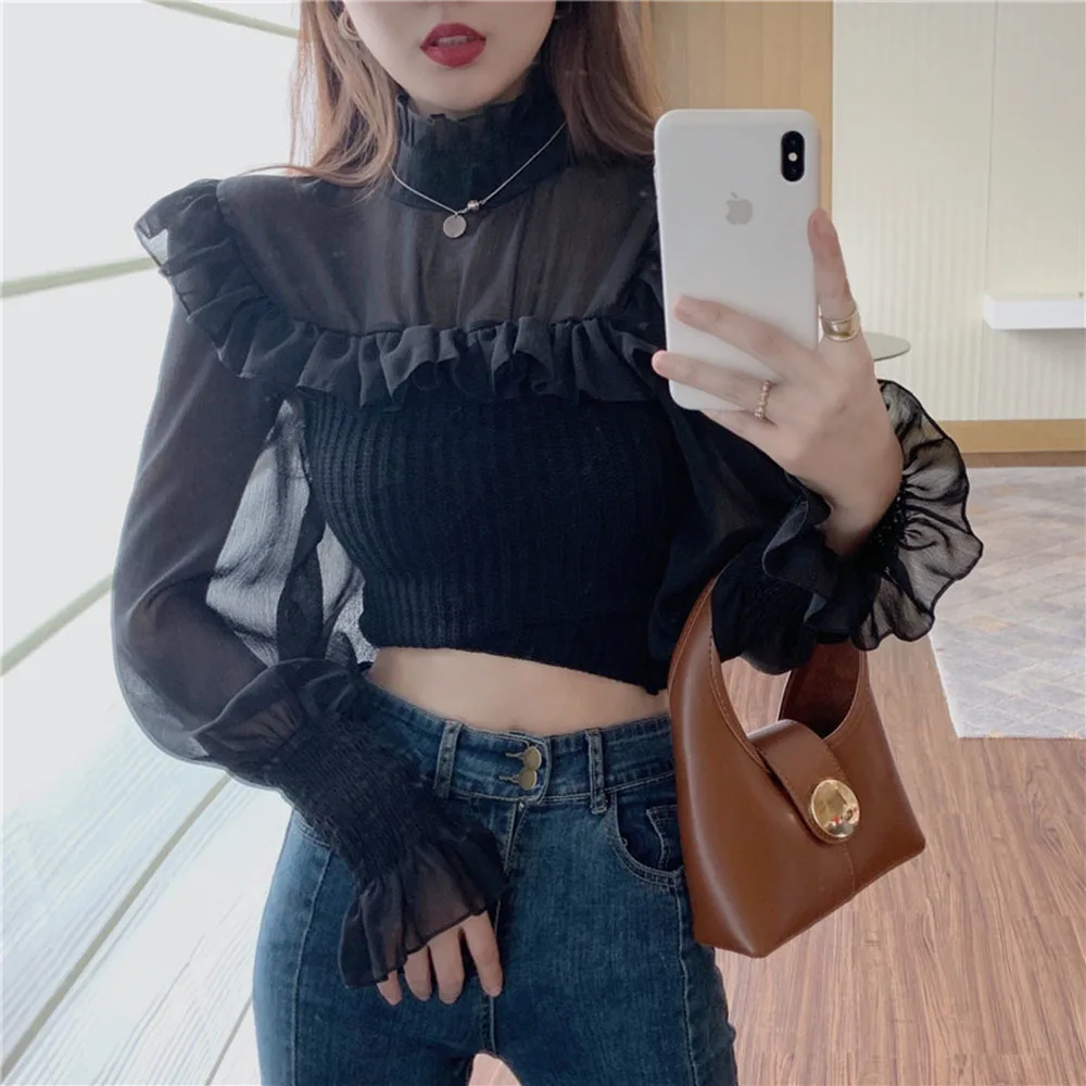 

Women Sweater 2022 Spring Autumn French Sweet Temperament Female Mesh Stitching Frill Design Solid Color Pullovers