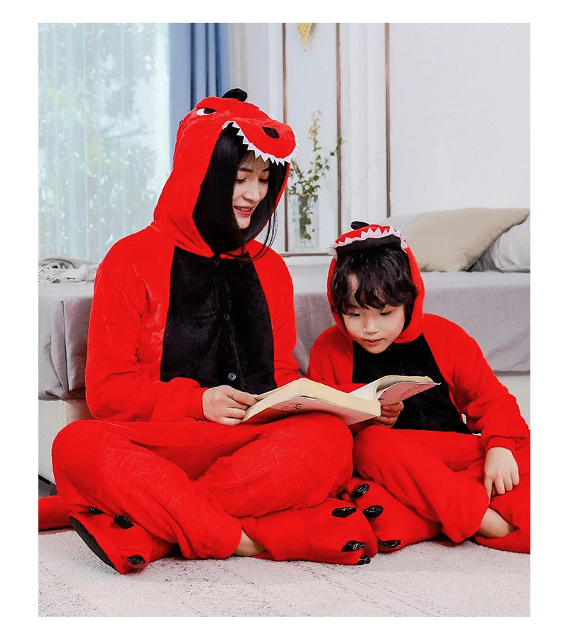 Kigurumi Animal Pajamas Unisex Adults Red Dinosaur Cartoon Onesies Pyjamas Halloween Christmas Family Party Homewear Costumes