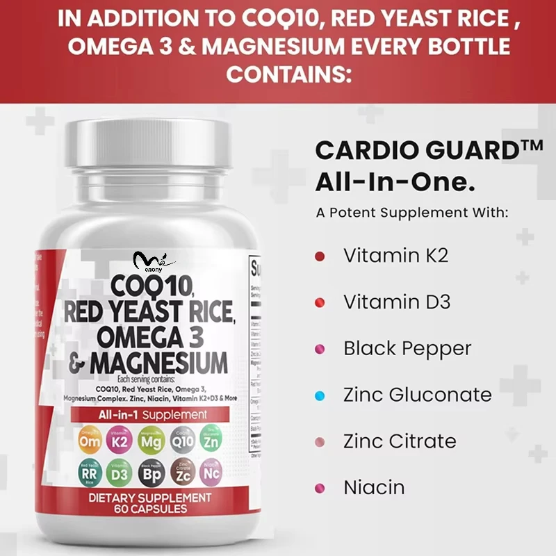 COQ10 Red yeast rice Omega 3 magnesium complex Niacin Zinc Vitamin K2 D3- Male and Female Heart Health Support Capsules