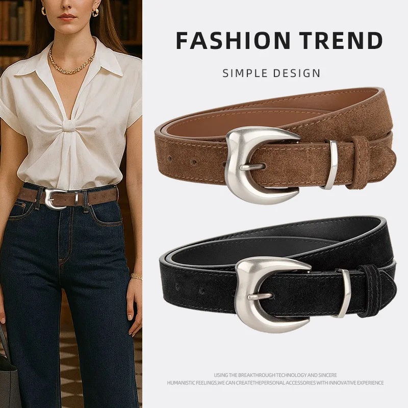 

Woman Korean Version Suede Belt Women's Fashion Paired with Skirt Jeans with Genuine Leather Retro Frosted Belts