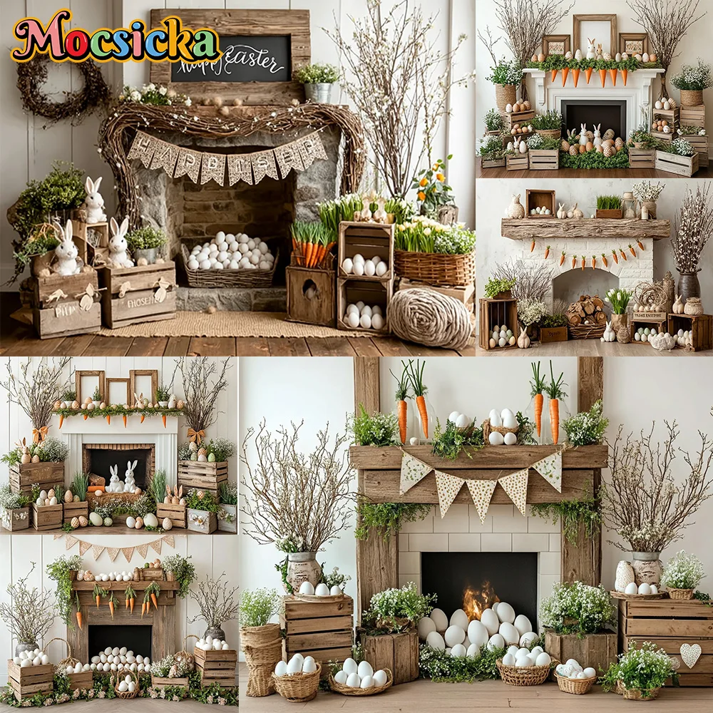 

Mocsicka Photography Backdrop Easter Eggs Carrots Fireplace Decoration Newborn Baby Shower 1st Party Backgrounds For Photographs