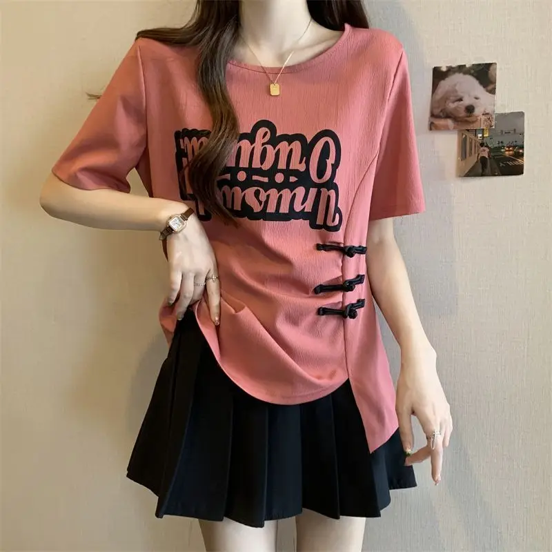 Women Summer Simplicity Loose Fashion Buttons O-neck Short Sleeve T-Shirt Women Clothes Casual All-match Appear Thin Trend Tops