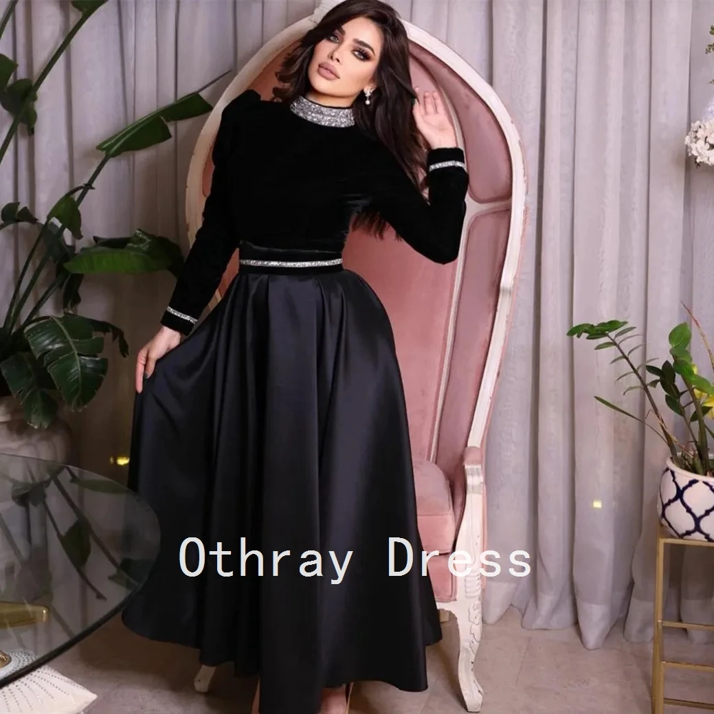 فستان نسائي من الساتان الأسود للحفلات الراقصة بأكمام طويلة فستان ضيوف الزفاف مطوي سرير رقبة دائرية على شكل حرف a طول الشاي Fساتين سهلات #1