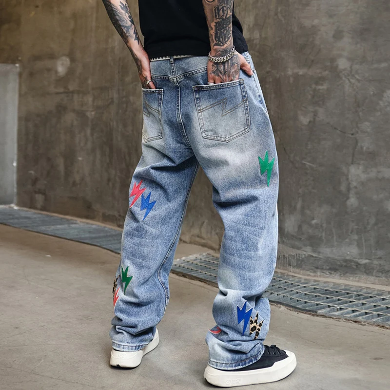 Street Designer Fashion Men Jeans Retro Blue Loose Fit Patched Ripped Jeans Men Y2K Hip Hop Straight Denim Pants Baggy Trousers