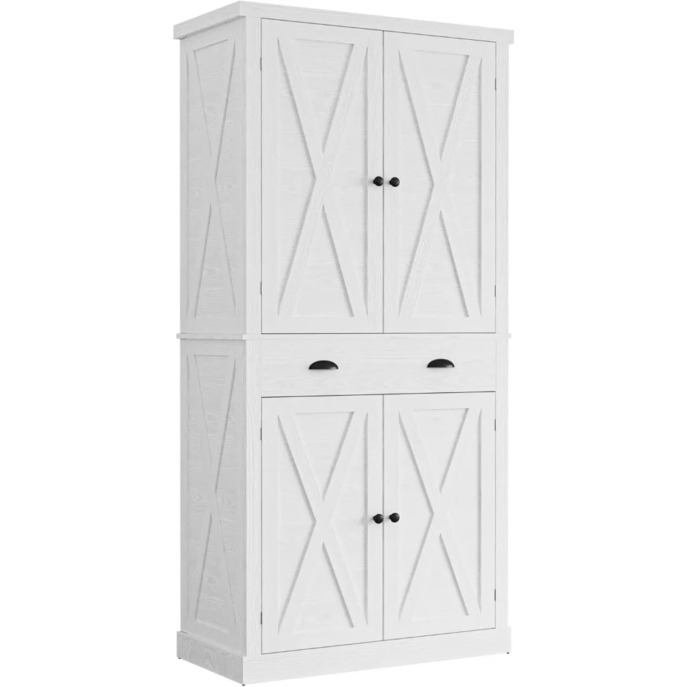 Kitchen Pantry Storage Cabinet 72.6" H, with Barn Doors, Drawer, 4 Adjustable Shelves, Freestanding Cupboard for Dining Room