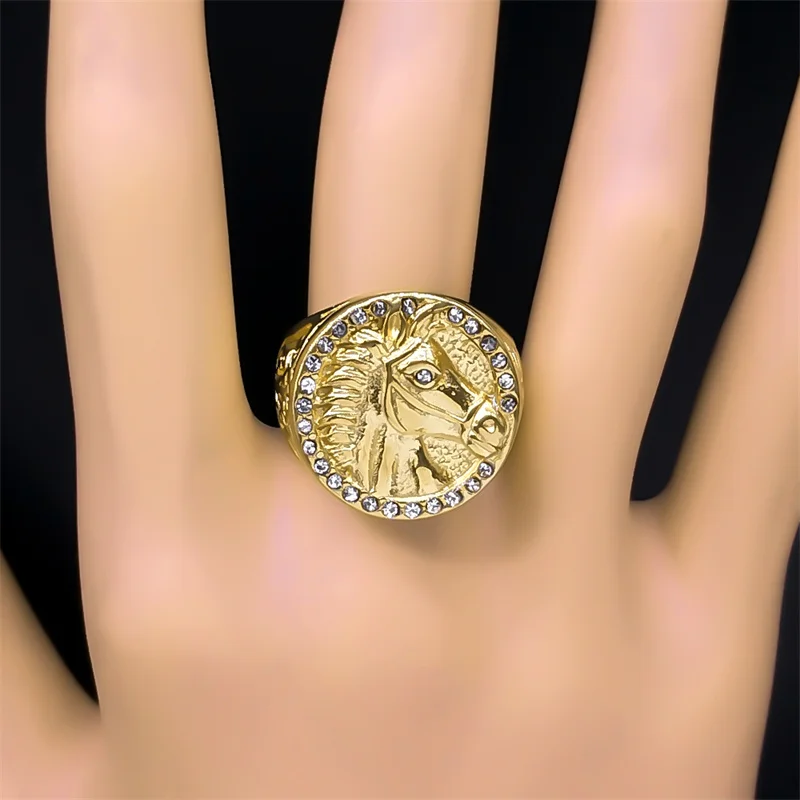 Hip Hop Punk Horse Head Ring for Women Men Stainless Steel Shiny Rhinestone Gold Color Horsehead Finger Rings Jewelry RRR541S03