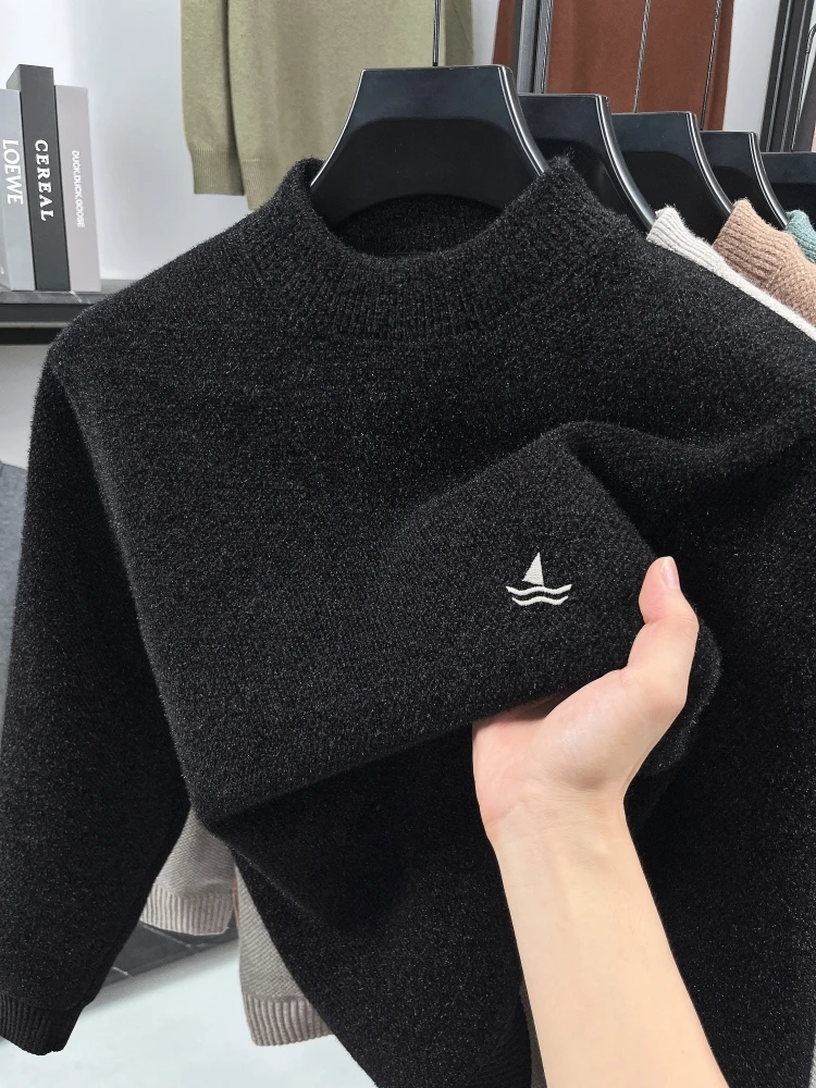 

Fashion sailboat embroidered knitted men's pullover luxury trend brand casual plush thicken comfort warmth round neck sweater