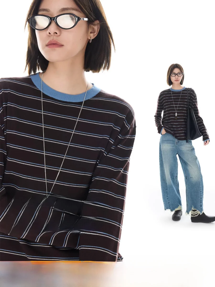 

Cloud Life Dreng Silk Wool Knitted Sweater Women's oulder Drop Stripe Pattern Color Blo Loose Fit Casual Sle