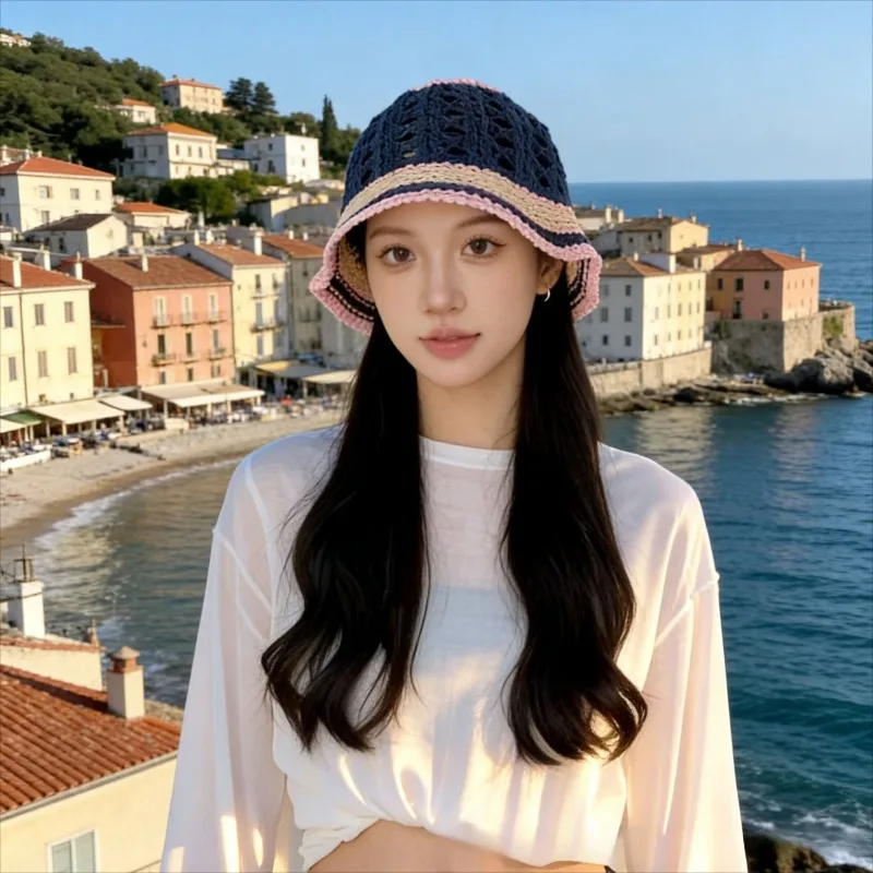 Handgestrickter Bucket Hat für Damen, Frühling/Sommer, Koreanischer Stil, Süß, Vielseitig, Gesichtsformend, Lässiger Sonnenhut