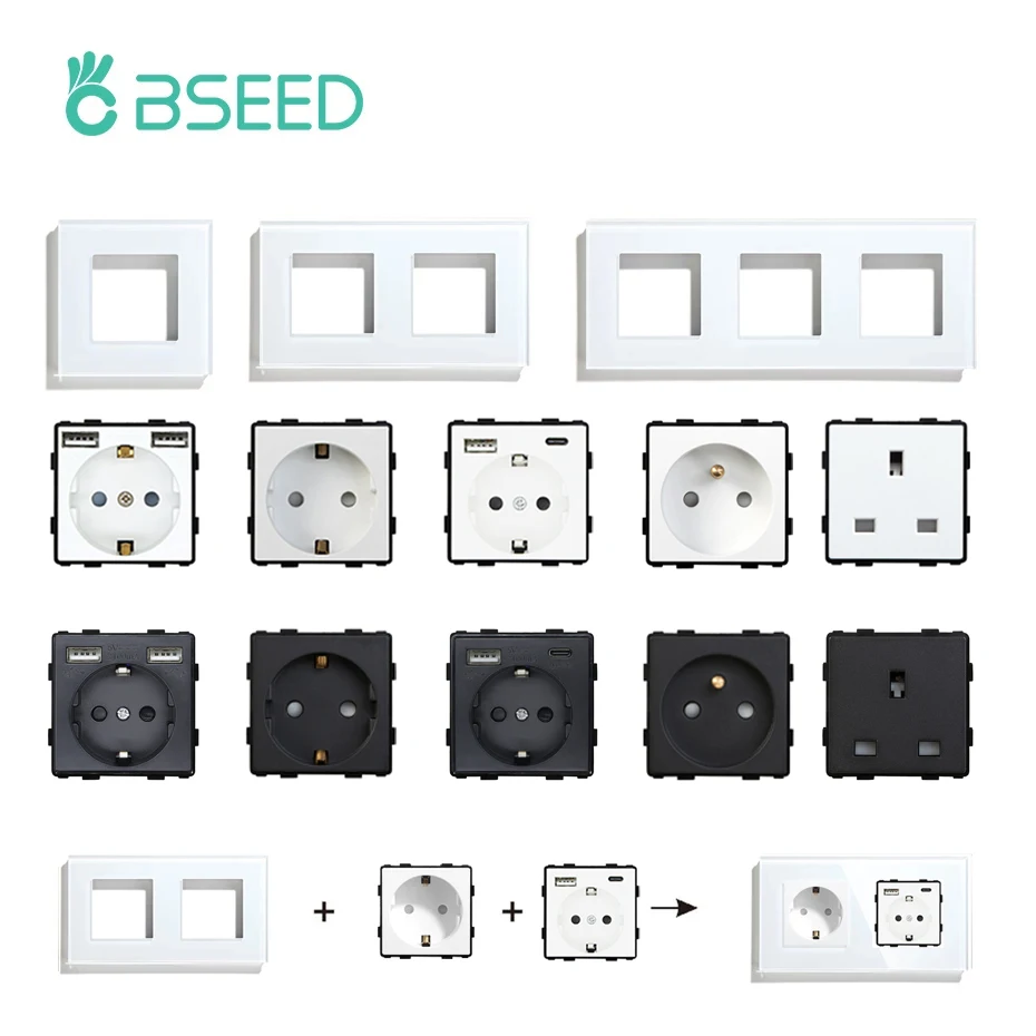 BSEED-Toma de corriente de pared para la UE/FR/UK, enchufe USB tipo C, piezas, paneles de cristal, marco de enchufe, combinación gratuita