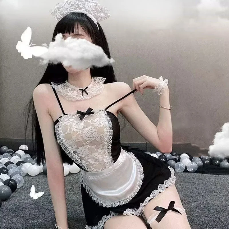 Women French Maid Outfit Costume Sexy Lingerie Sheer Naughty Servant Uniform Cosplay Sexy Lace Apron Fancy Lolita Dress view 3