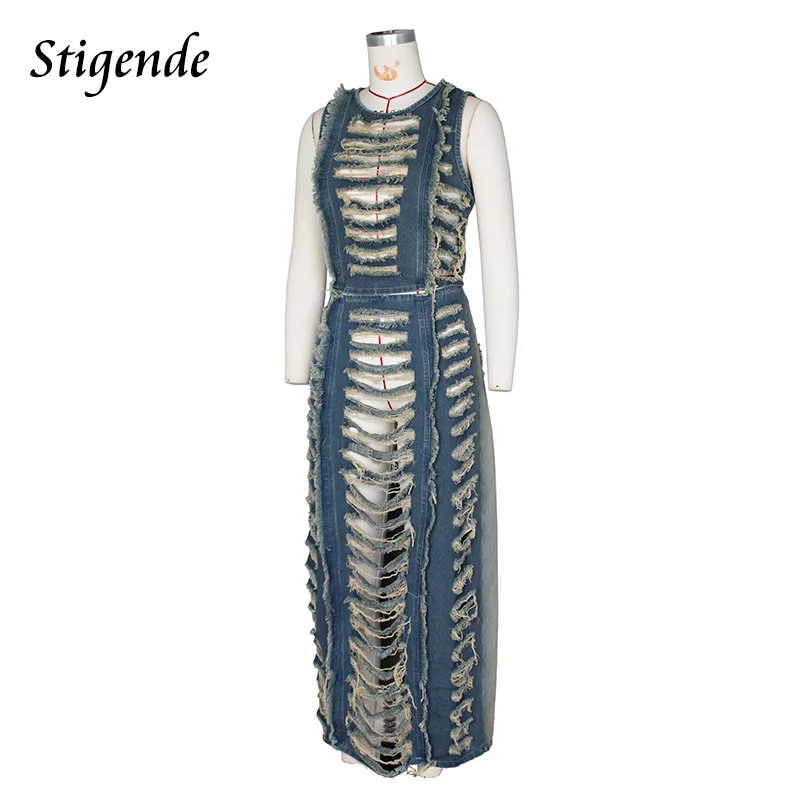 Stigende Denim Ripped Hole Two Piece Set Women Sexy Hollow Out Streetwear Outfit Shredded Crop Top and High Split Long Skirt