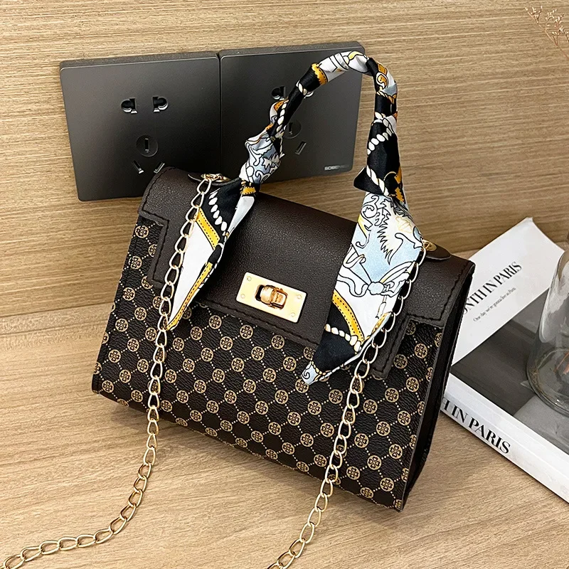 The Trendy Ladies Bags Are Fashionable and Casual, with Dot Print, Lock Buckle, Chain, Scarf, and Crossbody Small Square Bag