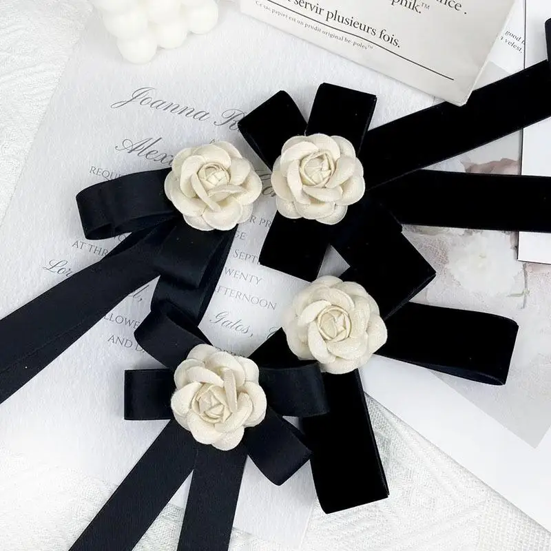 جديد أسود ربطة الشريط القوس بروش النسيج زهرة الكاميليا بروش دبابيس خمر حفل زفاف دبابيس للنساء اكسسوارات