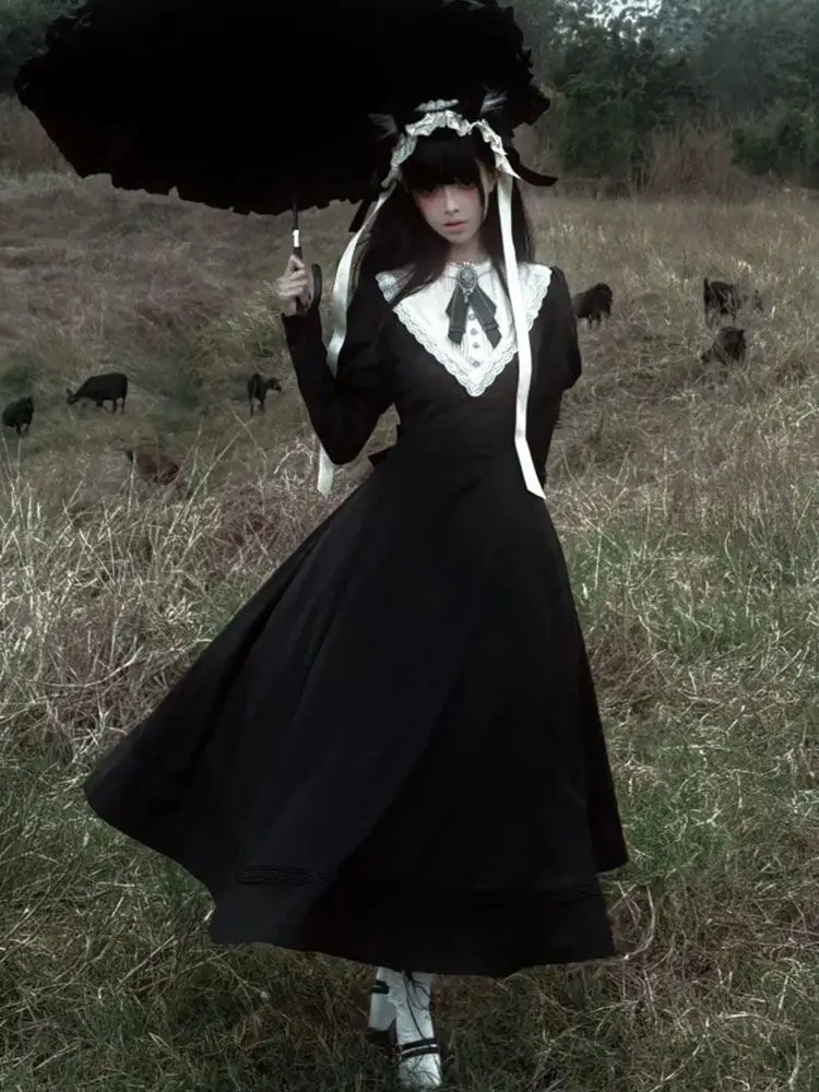 

Japan Dark Gothic Nun Black Lolita Long Waist Dress Comes With Brooch