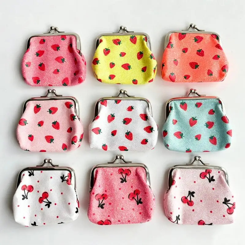 Fruchtmuster-Kussverschluss-Münzbörse, Mini-Snap-Geldbörse, Erdbeer-Kirsch-Print, kleine Clutch-Tasche für Mädchen, Karten- und Kleingeld-Aufbewahrung – Detail 2