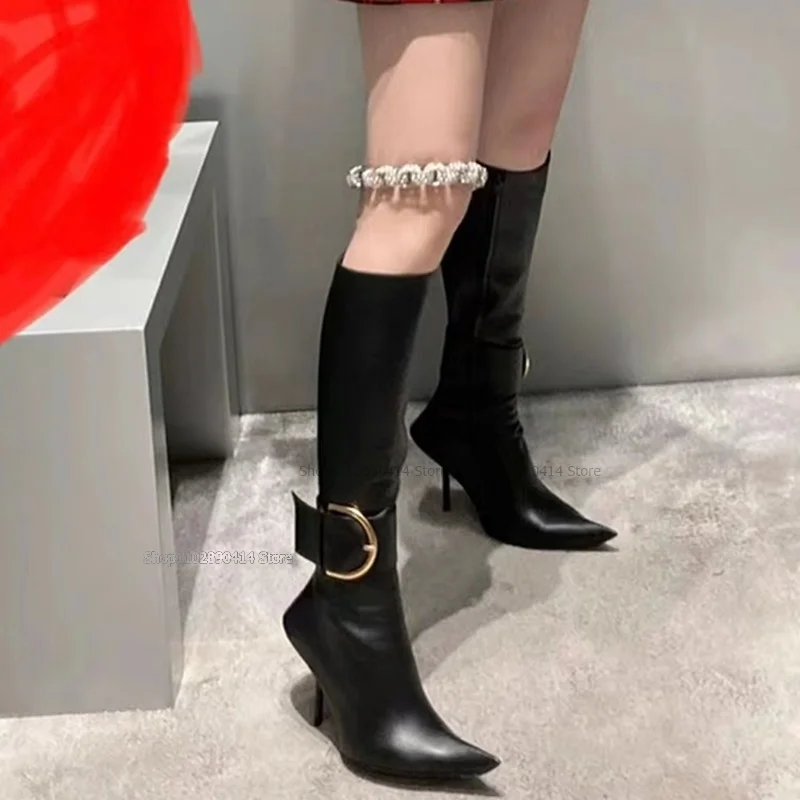 Black Pointed Toe Belt Fastener Decor Knight Boots Over The Knee Side Zipper Women Shoes Thin Heel Sexy 2023 Zapatos Para Mujere