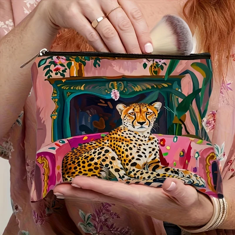 鮮やかなヒョウ柄の化粧バッグ - 女性用多機能ジッパーポーチ、ジュエリー収納バッグ
