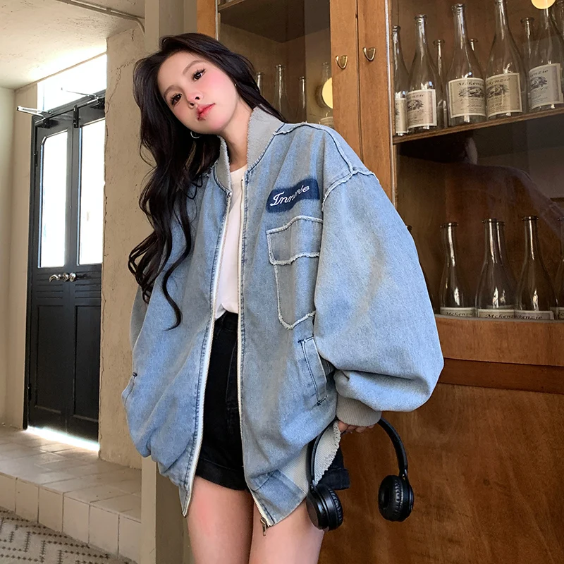 

New Patchwork Design Denim Jacket Women's Jeans Coat Autumn High Street Loose And Versatile Baseball Jacket Top