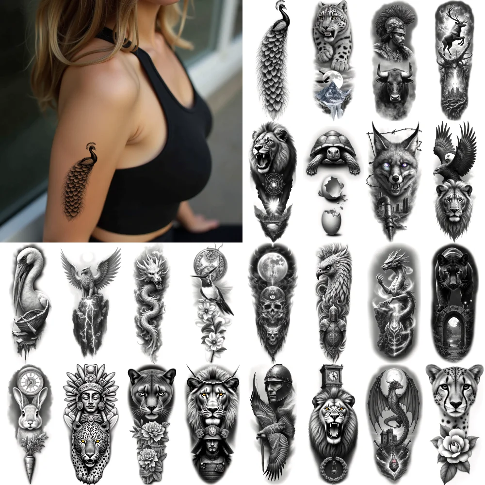 

12шт временная татуировка черный и серый реализм змея рыцарь дракон для взрослых мужского бедра