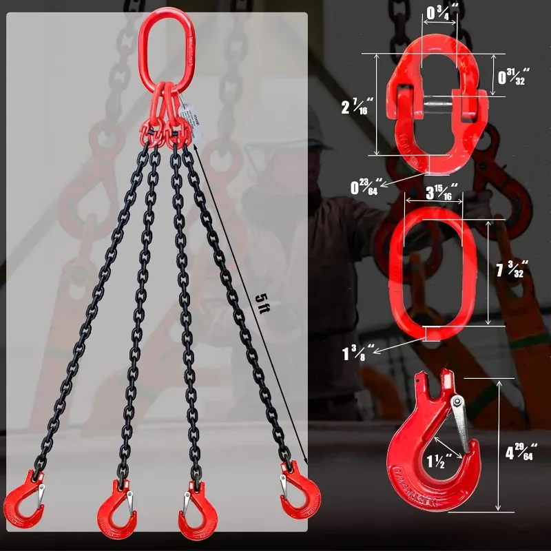 6 Ton 4 Leg Chain Sling 5/16” 5 Ft, G80 Alloy Steel 4 Way Chain Slings Quadruple Leg Slings Lifting with 4 Safety Grab Hooks