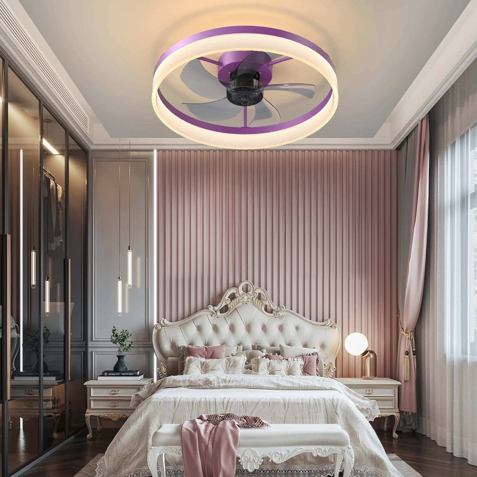 

Modern Ceiling Fan with LED Light, Low-Profile Flush Mount,6-Speed Adjustable, Ideal for Bedroom and Living Room （Purple）