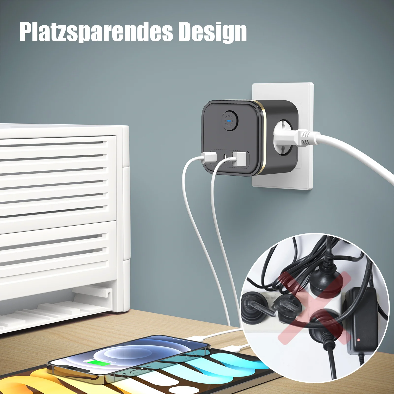 3680W Wall Socket Extender with 3 AC Outlets 2 USB 2 Type C Ports, EU Plug Power Strip Desktop Charger 230V with Switch for Home