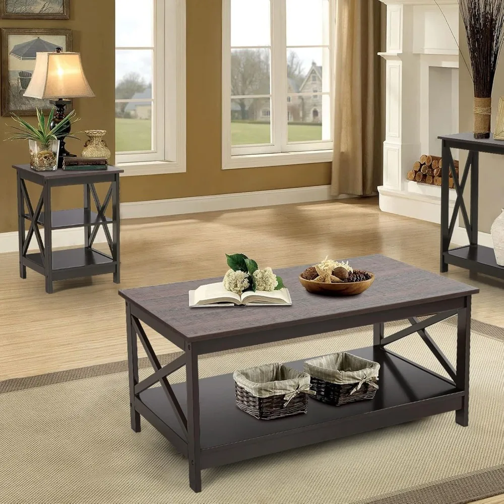 طقم طاولة نهاية على طراز المزرعة مكون من قطعتين من صوفيا آند ويليام مع مساحة تخزين وأرفف من 3 طبقات، مثالي لجانب الأريكة ومنضدة السرير