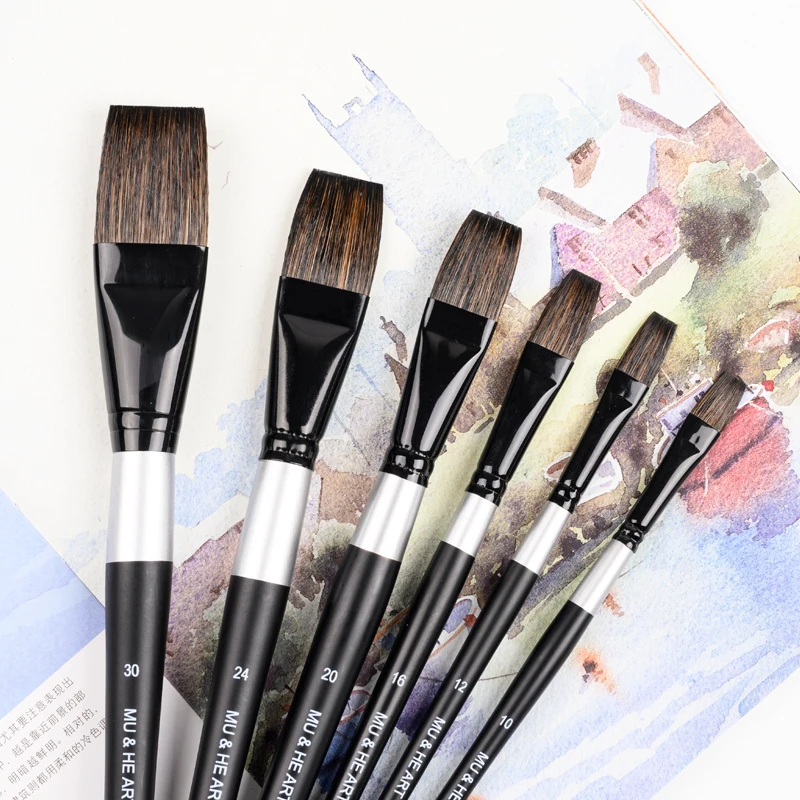 Squirrel Hair Mixed Watercolor Paint Brush Flat Head Black & Silver Wooden Handle Brass Ferrule 201F MU HE ART