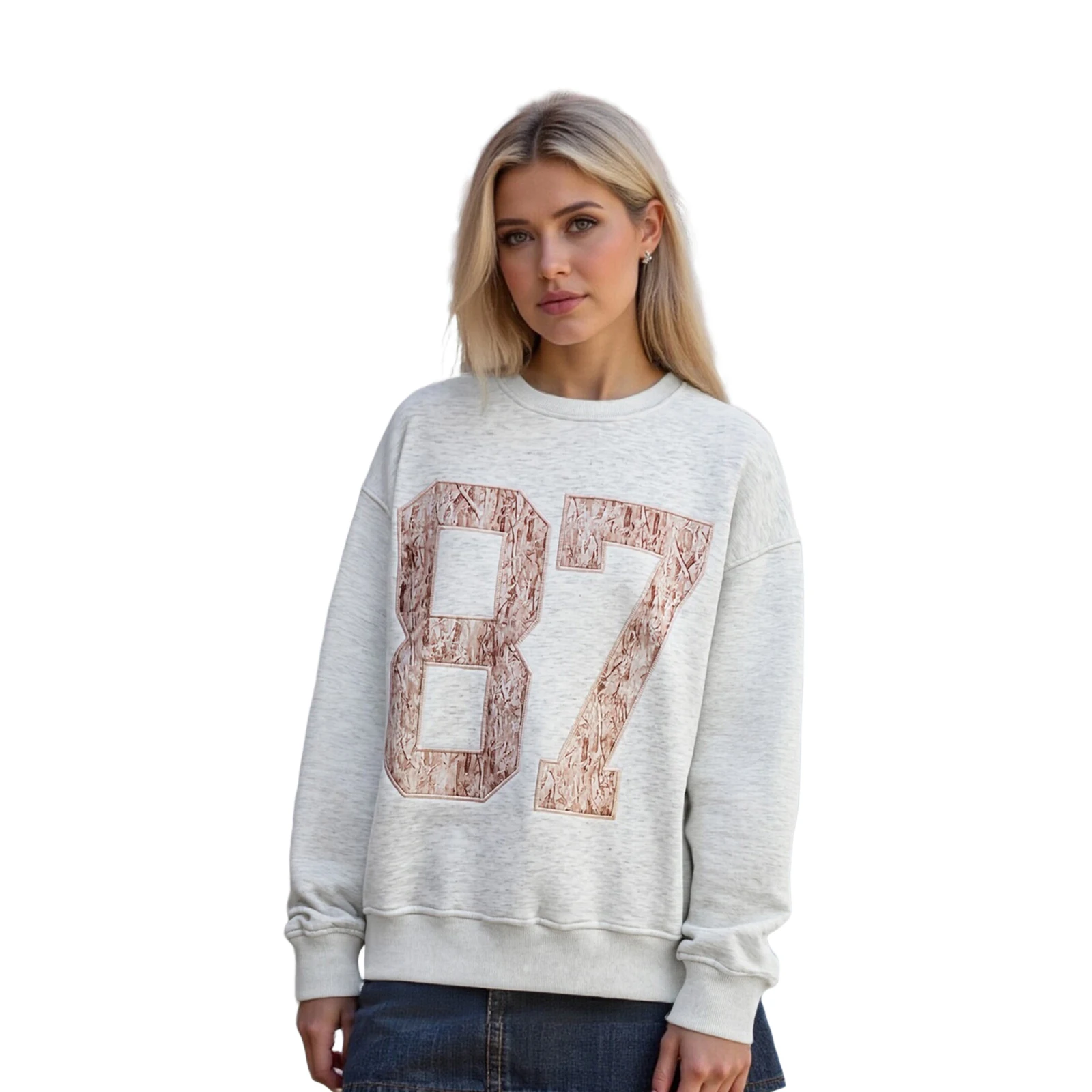 Sweat-shirt à manches longues pour femmes, col rond, chiffres brodés, pull à capuche, hauts décontractés