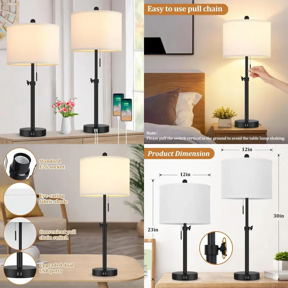 

Настольная лампа для спальни, набор из 2 шт., прикроватная лампа с регулируемой высотой от 23 до 30 дюймов и 2 USB-портами, черная прикроватная лампа с белым ш.